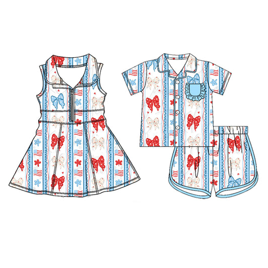 26.1.22 custom each style moq 5 eta 6-8week Sibling Sister flag bow baby short sleeve shorts sets and dress match design