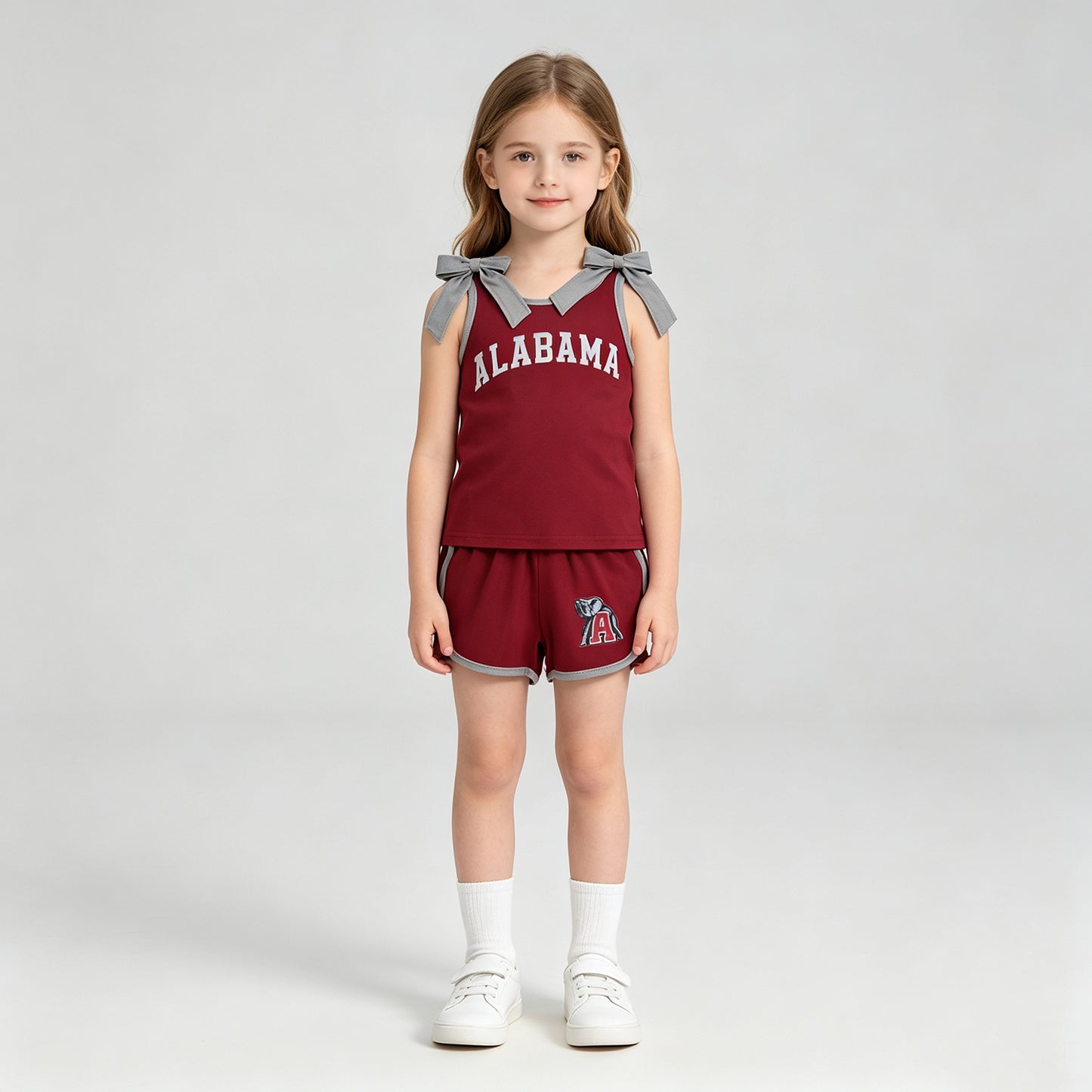 NEW RTS NO MOQ Vinyl GSSO3831 Baby Girls Red Grey Bows Vinyl Alabama Top Short Team Clothes Sets