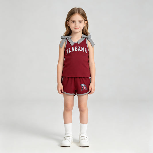 NEW RTS NO MOQ Vinyl GSSO3831 Baby Girls Red Grey Bows Vinyl Alabama Top Short Team Clothes Sets