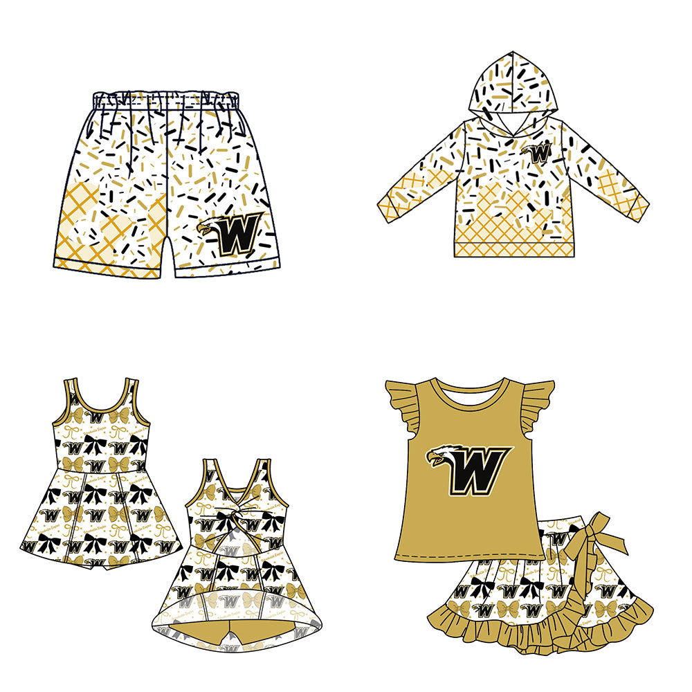 Custom moq 5 mix size milk silk baby girls clothes team khaki hooded long sleeve tops and and skirts sets and dress and shorts-25.7.17