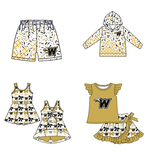 Custom moq 5 mix size milk silk baby girls clothes team khaki hooded long sleeve tops and and skirts sets and dress and shorts-25.7.17