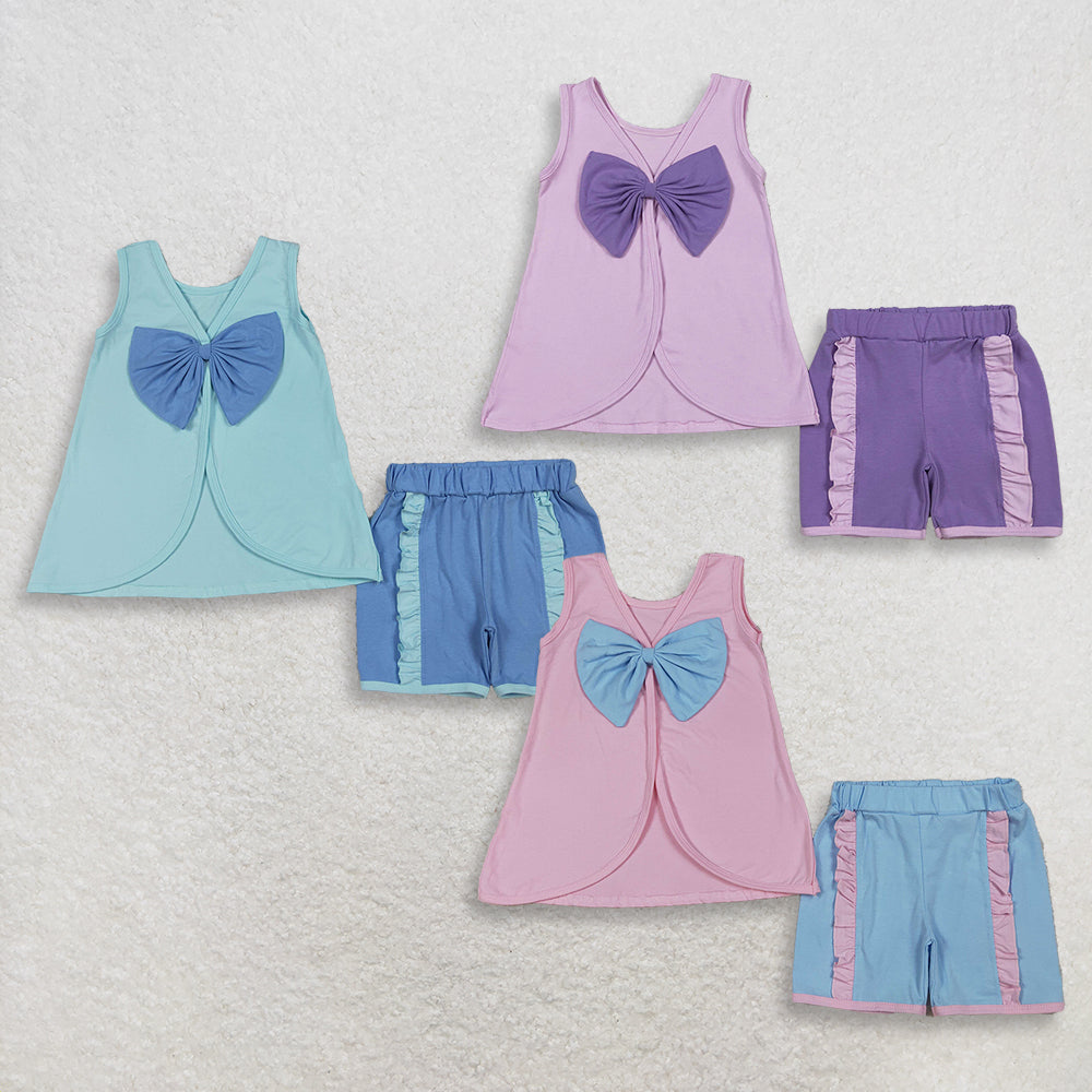 RTS NO MOQ Sibling Baby Girls Sleeveless Tunic with Back Bows Ruffle Shorts Outfit Set Cute Infant Clothing