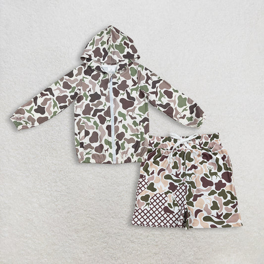 RTS NO MOQ Sibling baby boy clothes camouflage hooded long-Sleeve shorts sets and Tops and shorts