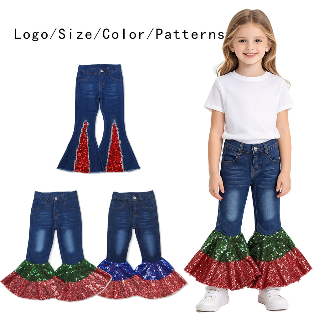 RTS NO MOQ Sibling Denim Baby Girls Denim Bell Bottom Jeans Colorful Sequin Patch Flare Hem