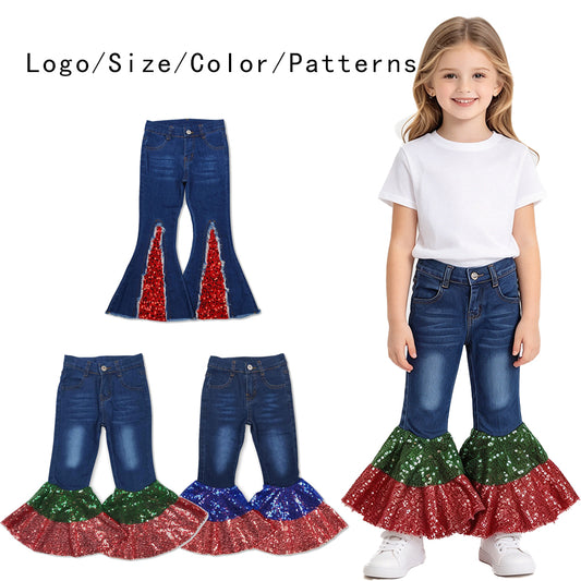 RTS NO MOQ Sibling Denim Baby Girls Denim Bell Bottom Jeans Colorful Sequin Patch Flare Hem