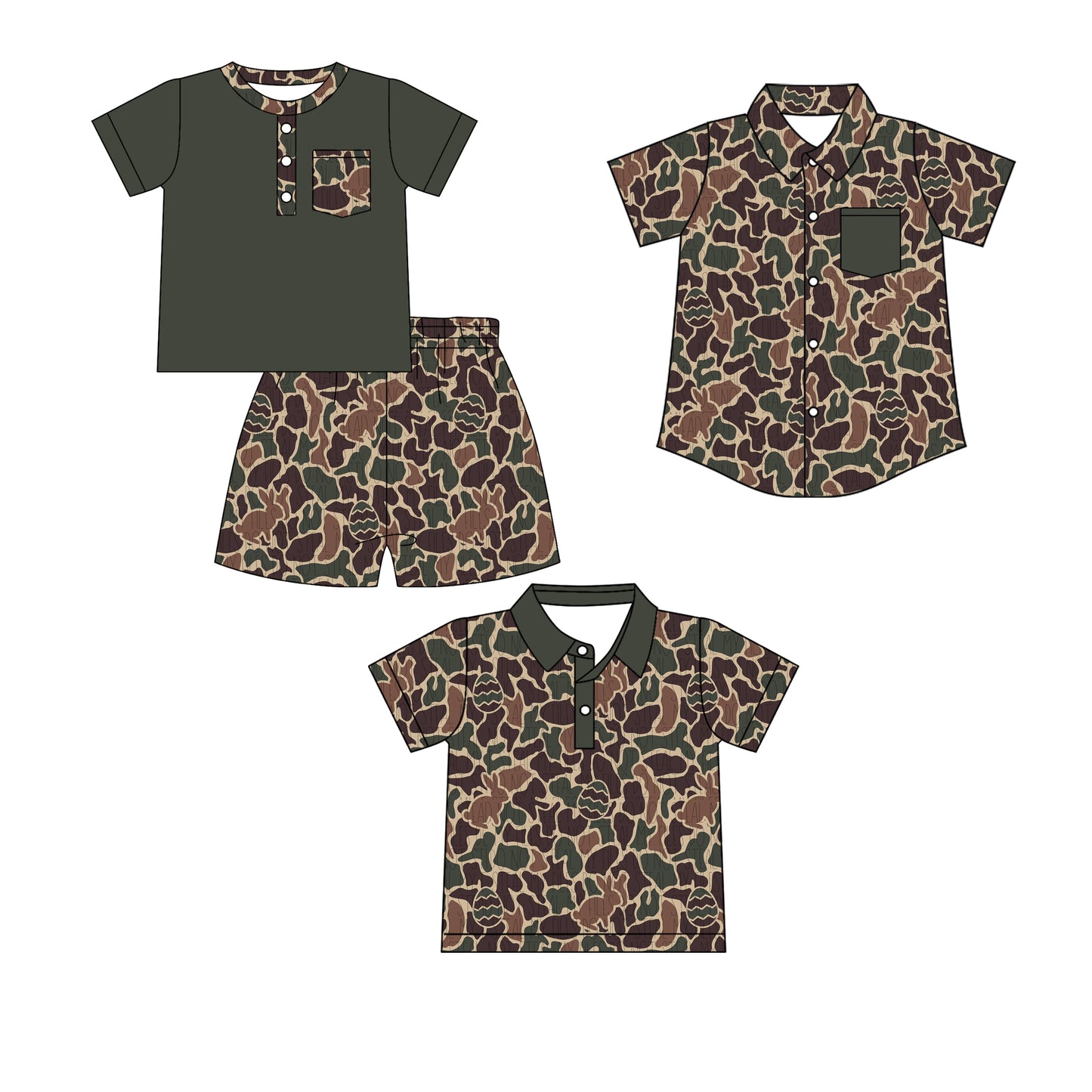 Custom moq 5 mix size Baby Boy green camouflage Short-Sleeved Top And Shorts Set Polo Shirt button-down top with pockets summer Outfit