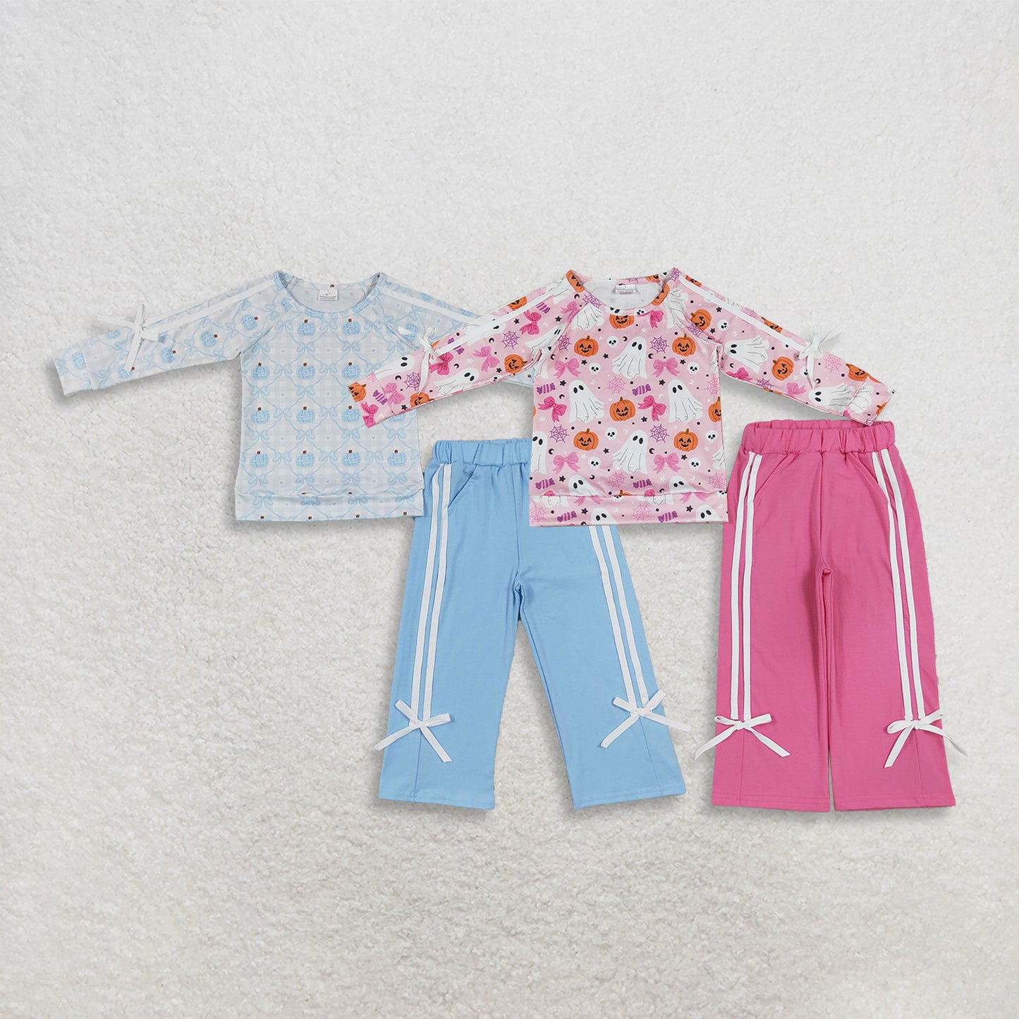 RTS NO MOQ Sibling milk silk Toddler Girls Ghost Pumpkin Print Top Matching Pocket Flare Pant Two Piece Halloween Clothes Set