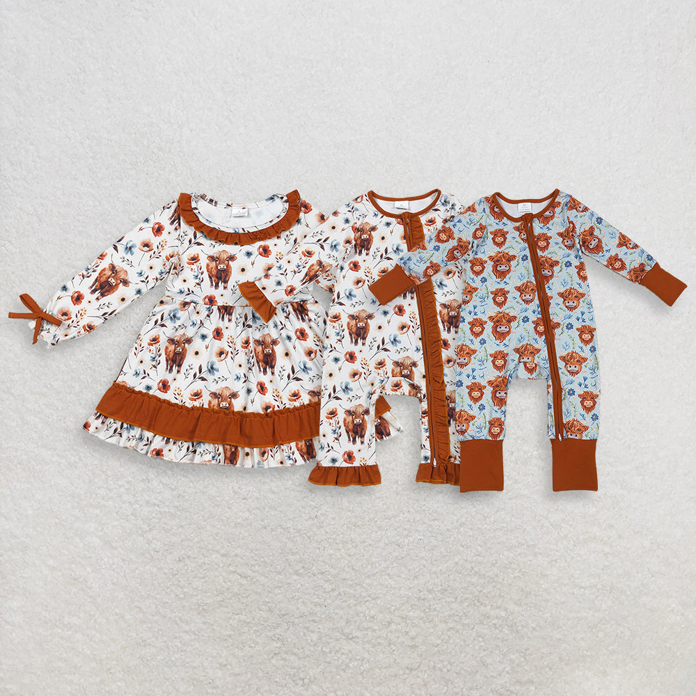 RTS NO MOQ Sibling Baby Girls Western Flowers Highland Cow Knee-Length Dress Zip Rompers