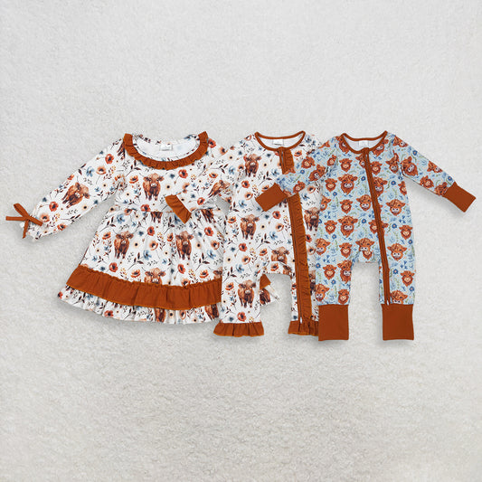RTS NO MOQ Sibling Baby Girls Western Flowers Highland Cow Knee-Length Dress Zip Rompers