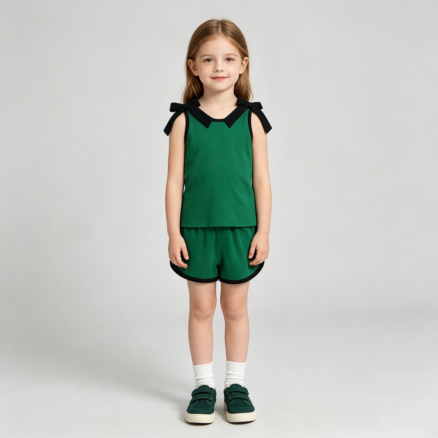 NEW RTS NO MOQ cotton GSSO3825 Baby Girls Black Green Bow Print Sleeveless Top Shorts Summer Set