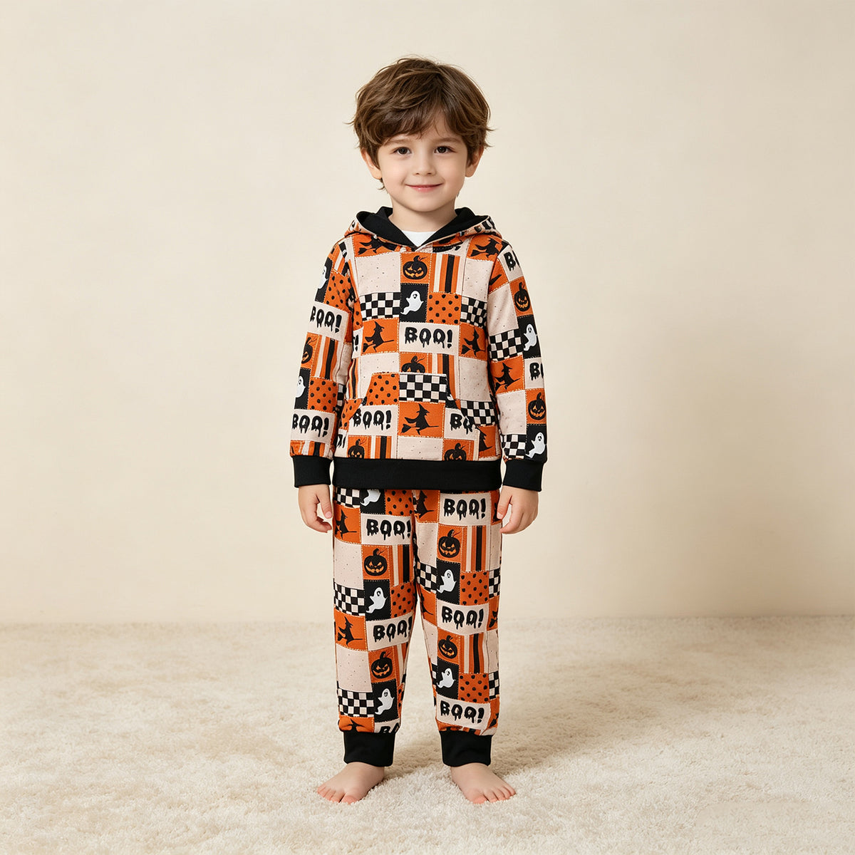 NEW RTS NO MOQ milk silk BLP1544 Baby Boys Ghost Pumpkins Hoodie Pockets Jogger Halloween Set