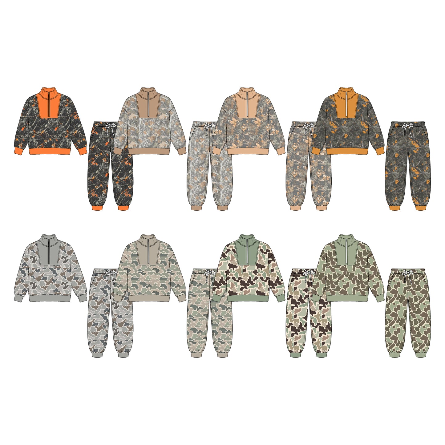 (Preorder new) No moq Baby Boys Camo Zip Pullover Pockets Jogger Hunting Clothes Sets Fall Outfit