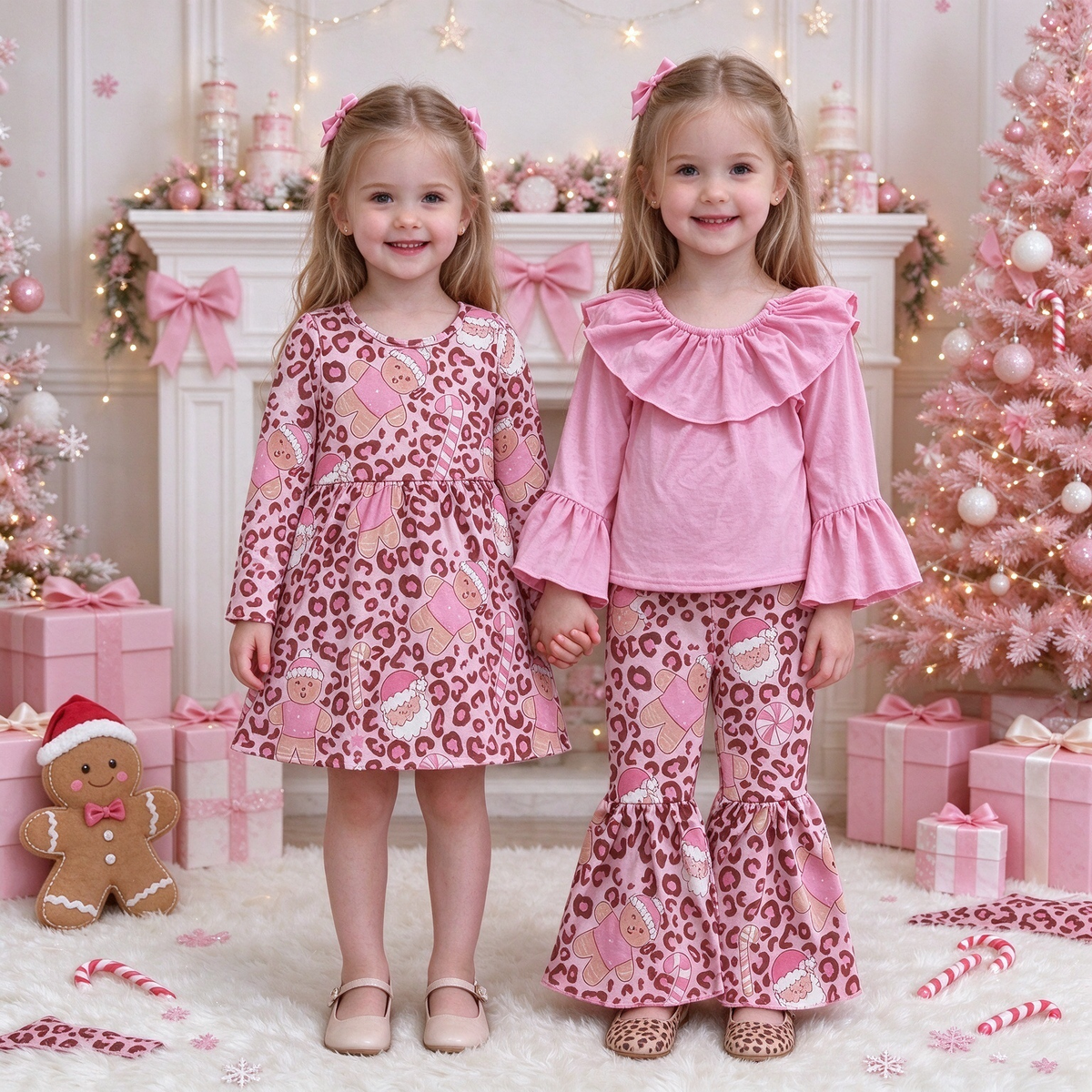 Baby & Toddler Pink Leopard Gingerbread Santa Matching Christmas Set & Dress