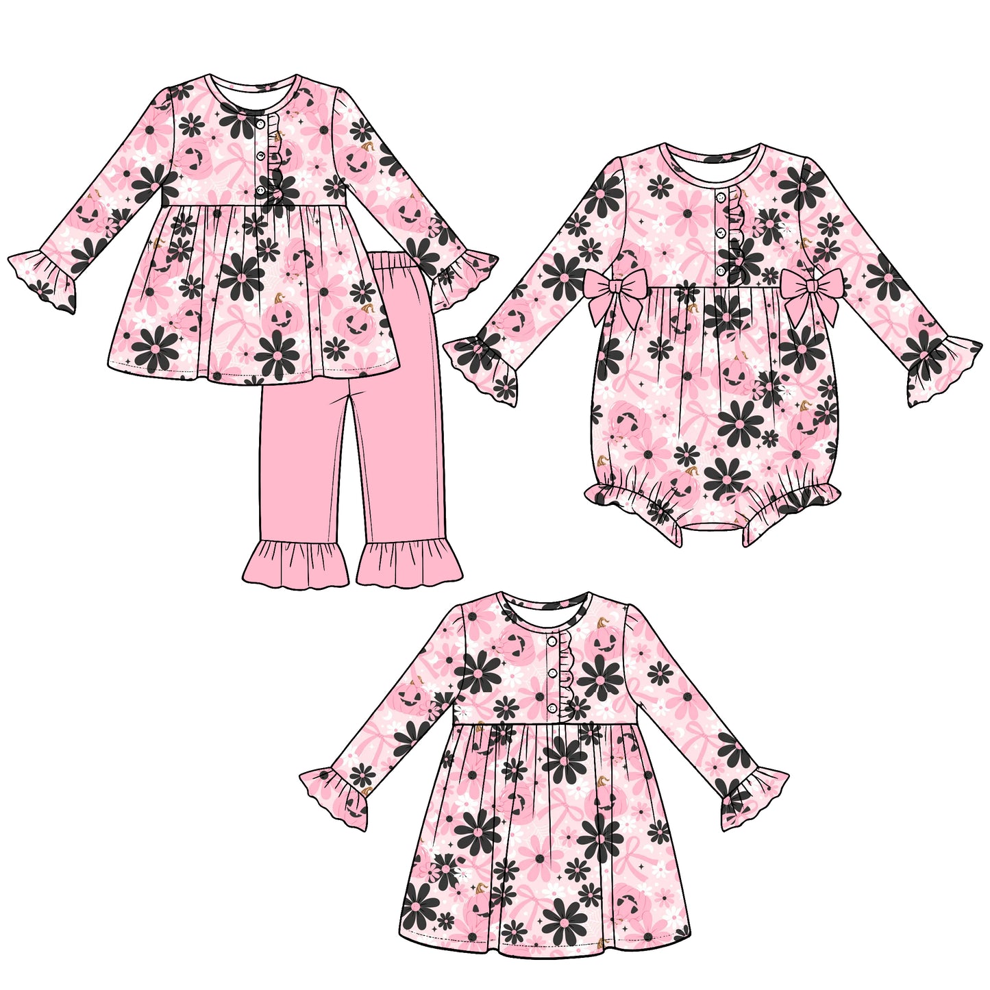 (Preorder new) No moq milk silk Baby Girls Pumpkin Print Bow Button Top Ruffle Pants Set Dresses Romper