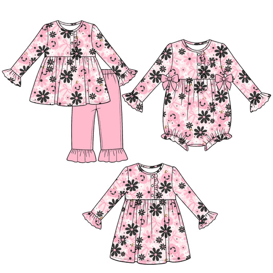 (Preorder new) No moq milk silk Baby Girls Pumpkin Print Bow Button Top Ruffle Pants Set Dresses Romper