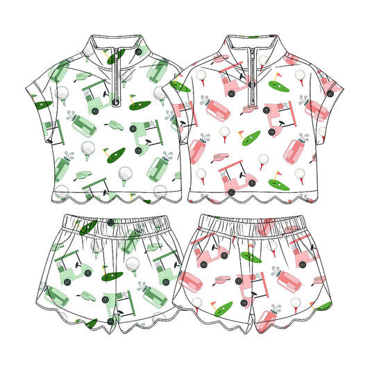 3.11 Custom moq 5 mix size Sibling Kids' Scallop Short-Sleeved Zipper Top And Shorts Set Summer Outfits