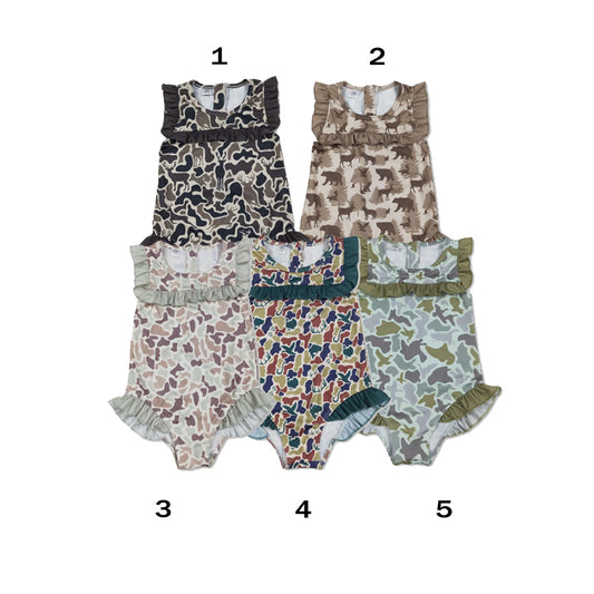 RTS NO MOQ Sibling milk silk Baby Girls Casual Camo Ruffle One Piece Swimsuits