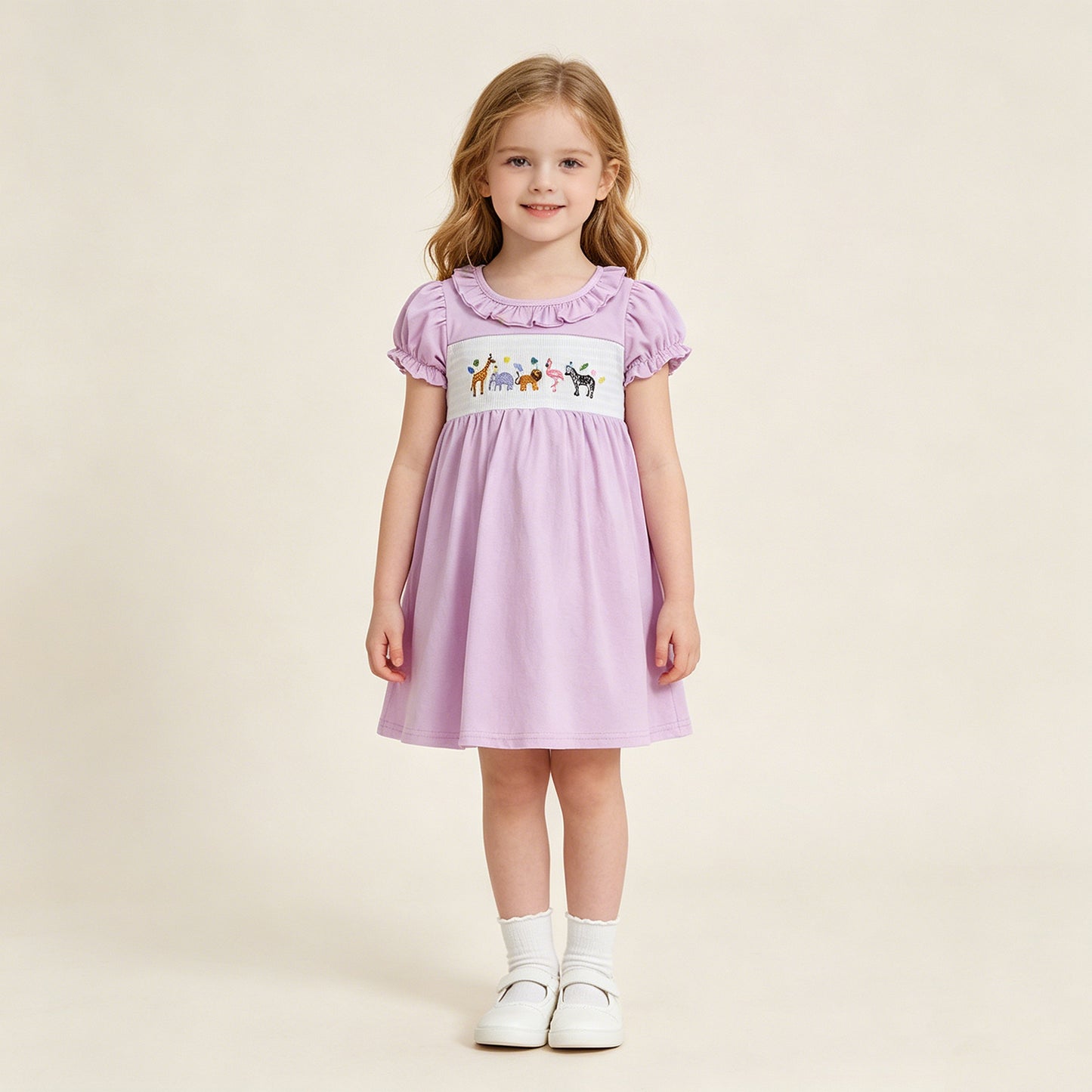 RTS NO MOQ milk silk GSD3578 Baby Girls Smocked Animals Pink Ruffle Sleeve Knee Length Dresses （12-18M-14-16T）
