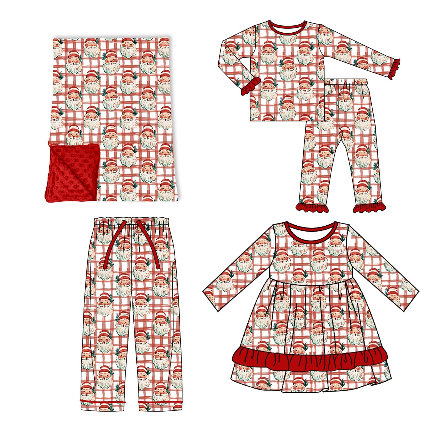 (Preorder new) No moq Kids Santa Claus Checked Print Long Sleeve Top Pant Christmas Pajama Set Dress Blankets Adult Pants