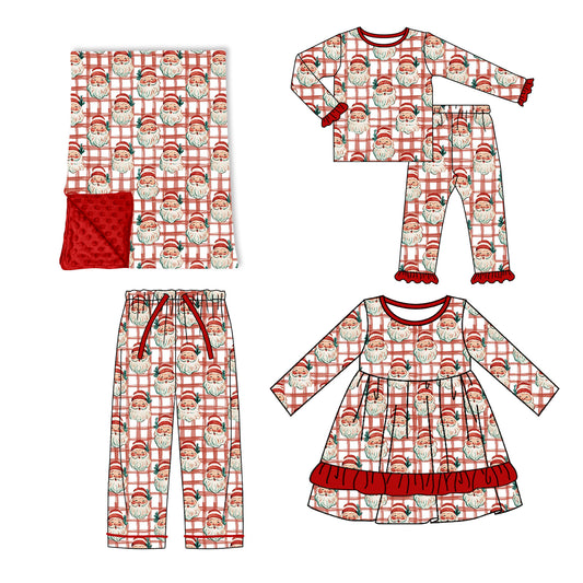 (Preorder new) No moq Kids Santa Claus Checked Print Long Sleeve Top Pant Christmas Pajama Set Dress Blankets Adult Pants
