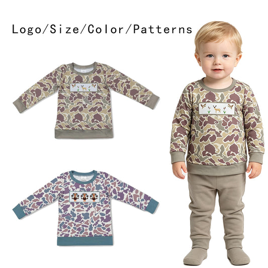 RTS NO MOQ Sibling milk silk Baby Boys Camo Long Sleeve Shirt With Deer Duck And Turkey Print Toddler Boys Fall Top