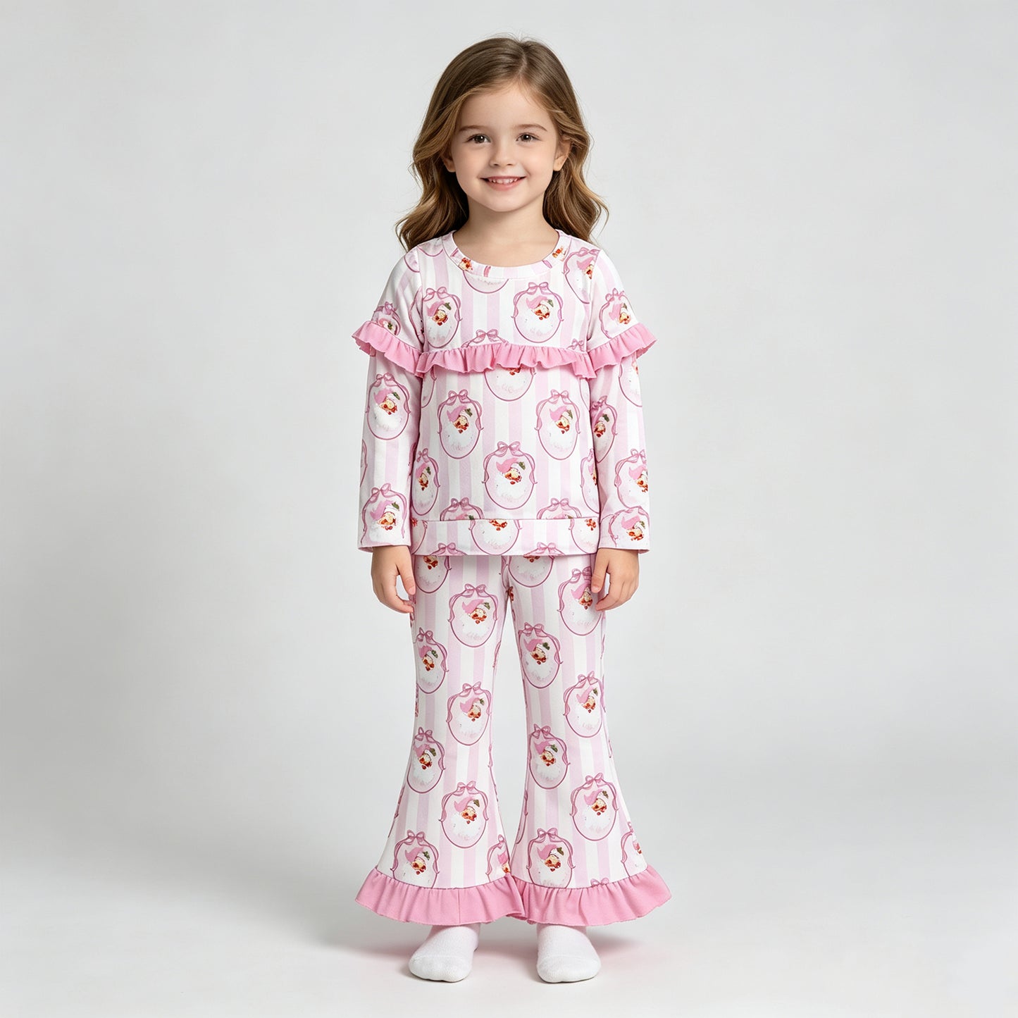 NEW RTS NO MOQ milk silk GLP3450 Baby Girls Pink Bow Santa Stripe Print Long Sleeve Top Bell Bottom Flare Pants Christmas Set