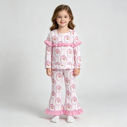 NEW RTS NO MOQ milk silk GLP3450 Baby Girls Pink Bow Santa Stripe Print Long Sleeve Top Bell Bottom Flare Pants Christmas Set