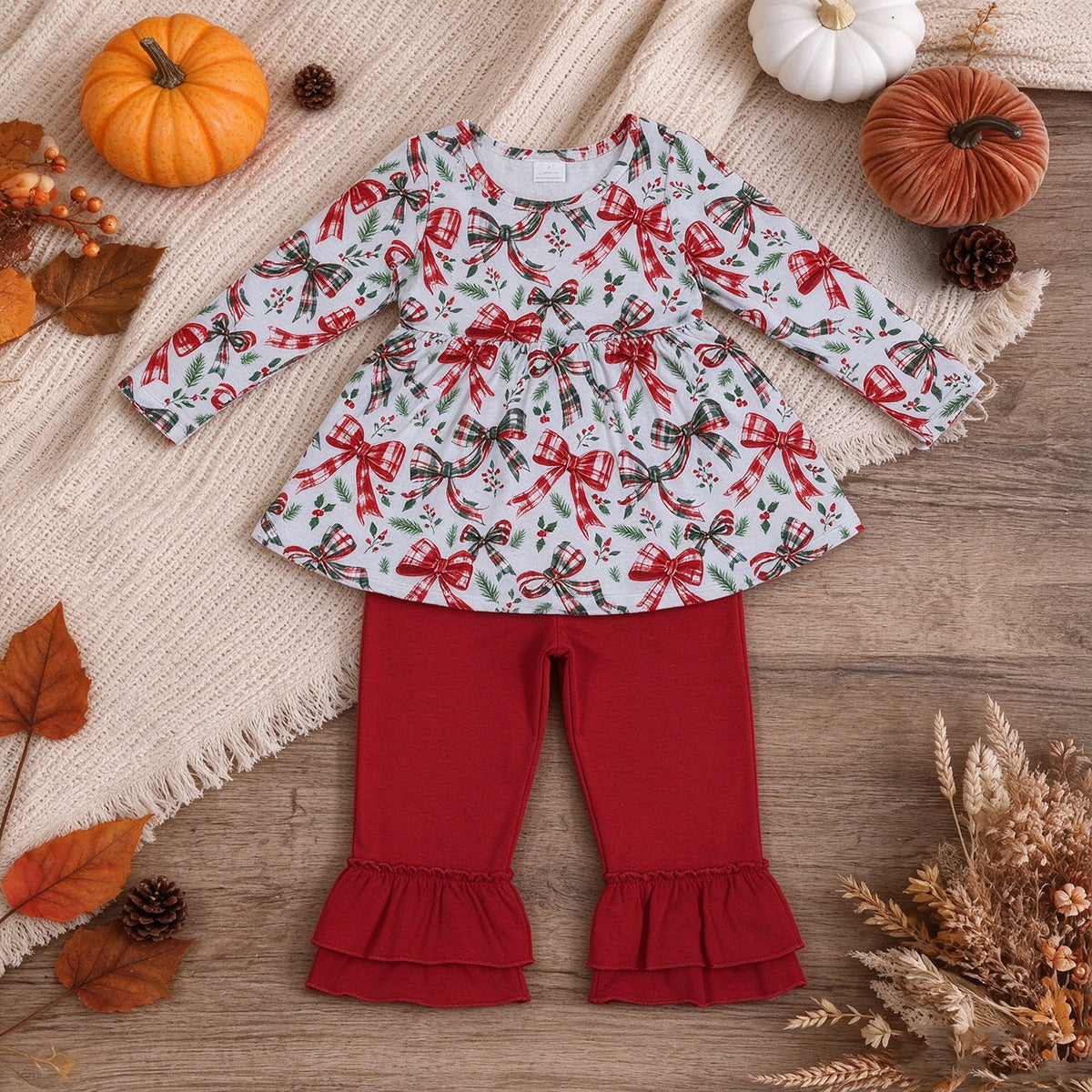 NEW RTS NO MOQ milk silk GLP3541 Baby Girls Red Green Plaid Check Bow Holly Leaf Print Long Sleeve TopRuffle Hem Long Pants Christmas Daily Set