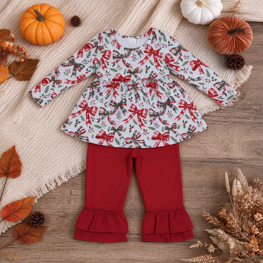 NEW RTS NO MOQ milk silk GLP3541 Baby Girls Red Green Plaid Check Bow Holly Leaf Print Long Sleeve TopRuffle Hem Long Pants Christmas Daily Set