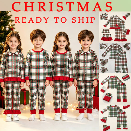 sibling christmas RTS No moq Adult Baby Girls Christmas Pajama Set, Green Red Checked Top with Ruffle Pants Holiday Sleepwear