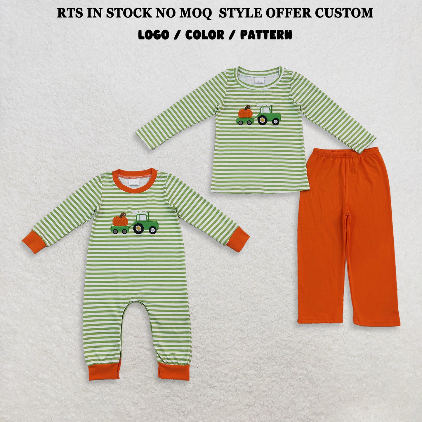 RTS NO MOQ Sibling milk silk Embroidery Pumpkin Truck Baby Boys Green Stripe Top Pant Fall Clothes Sets Romper