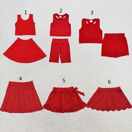 RTS NO MOQ Sibling yoga fabric cotton Baby Girls Top Shorts Clothes Set Dresses Skirts Red Athletic Active Wear