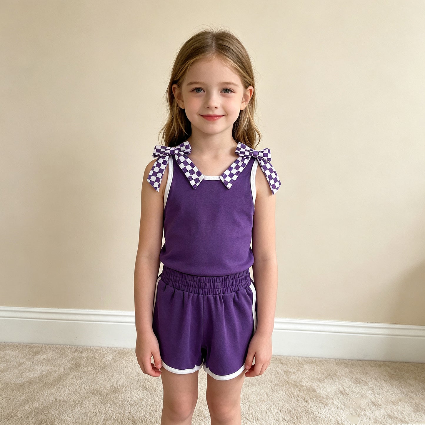 NEW RTS NO MOQ cotton GSSO3814 Baby Girls Purple Checked Bow Sleeveless Top Short Bottom Outfit Set