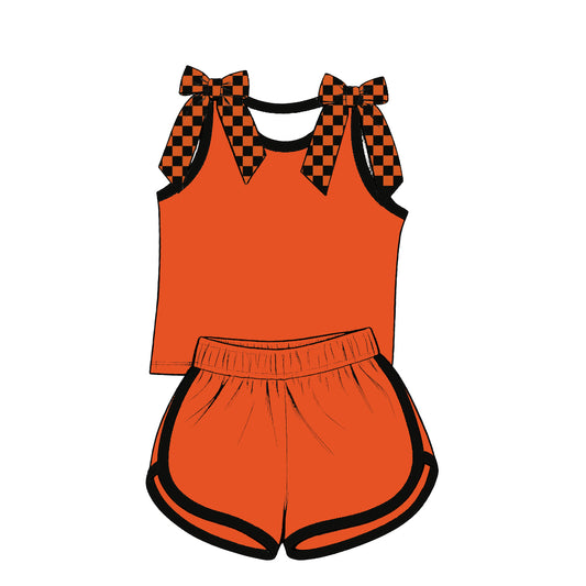 custom moq 5 mix size Baby Girls Orange Black Checked Bow Sleeveless Top Shorts Summer Casual Outfit Set