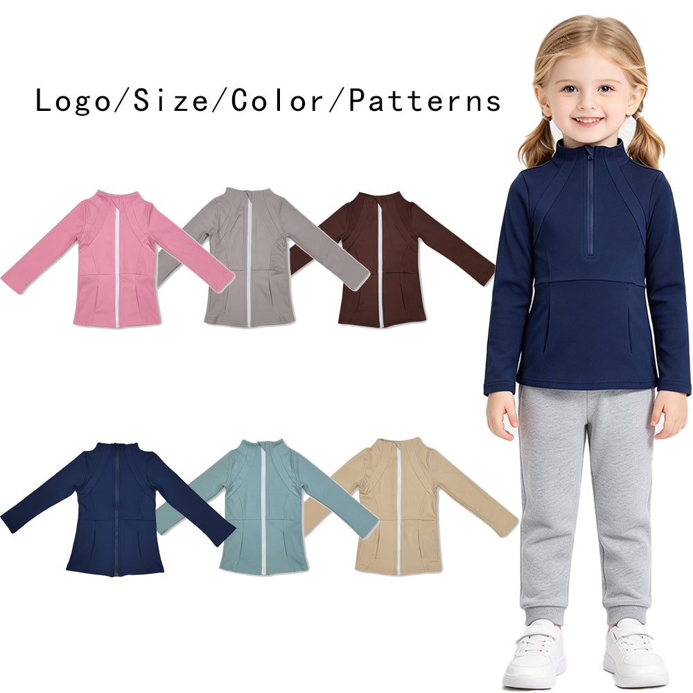 RTS NO MOQ Sibling yoga fabric cotton Baby Girls Solid Color Zip Pocket Yoga Wear Jackets
