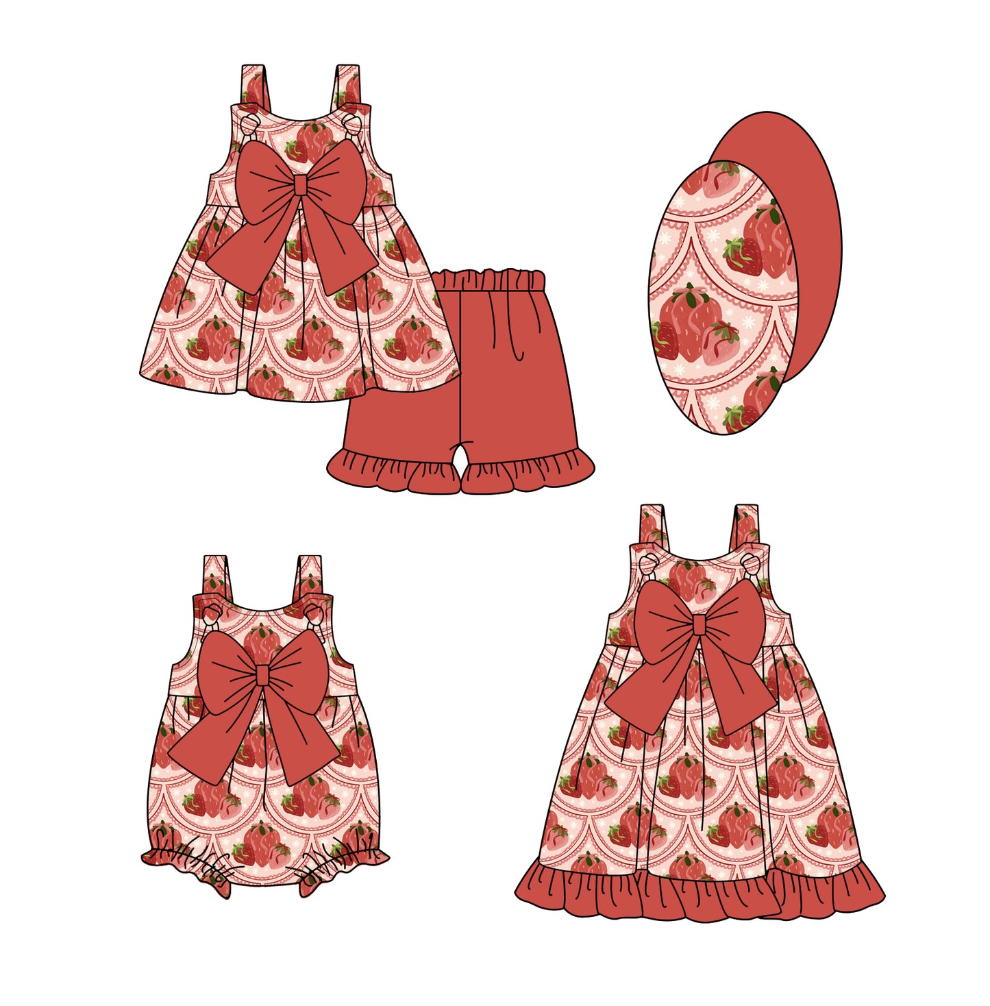 2.12 custom each style moq 5eta 4-6week Sibling Sisters strawberry baby girl short sleeve shorts sets and dress and rompers match family design