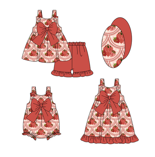 2.12 custom each style moq 5eta 4-6week Sibling Sisters strawberry baby girl short sleeve shorts sets and dress and rompers match family design