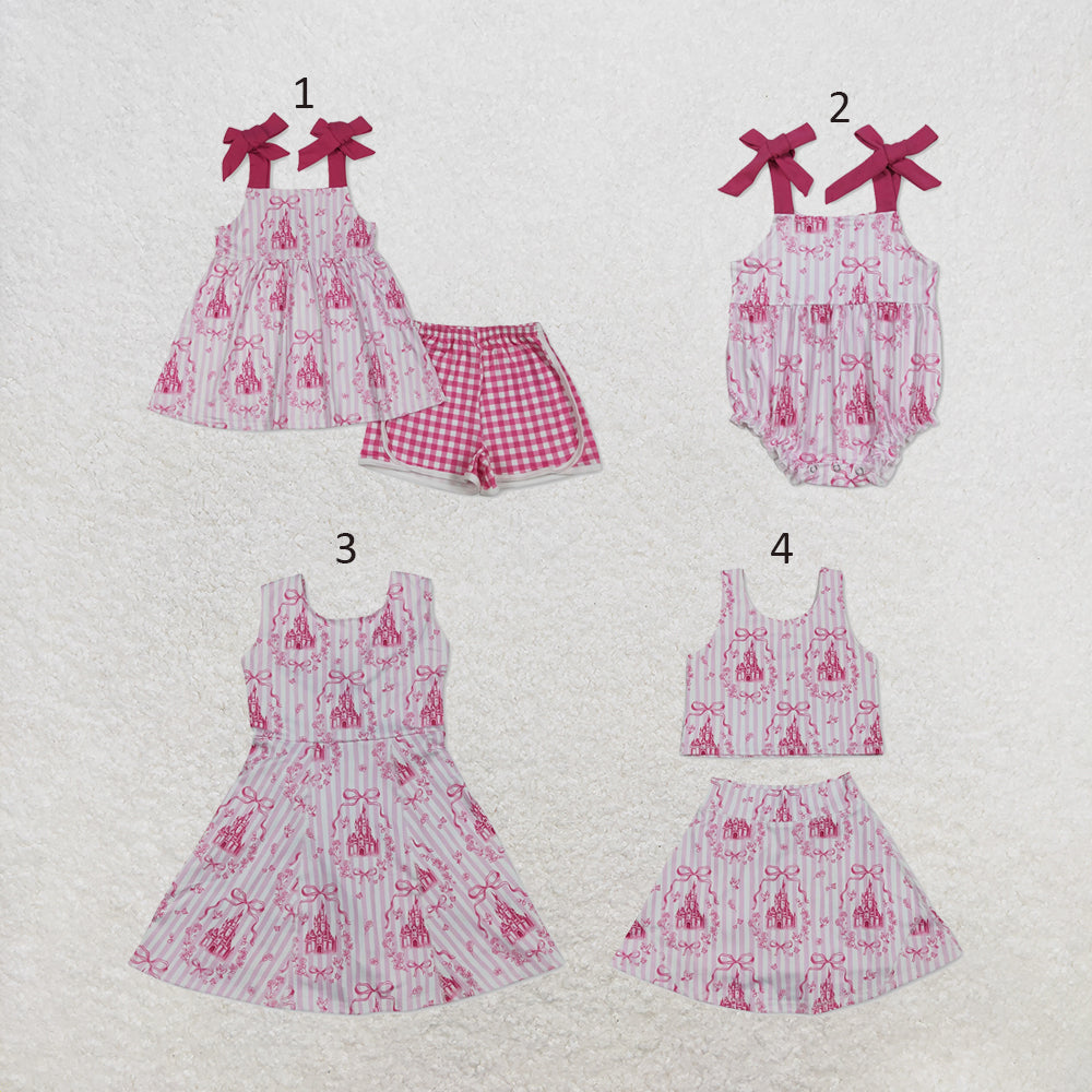 RTS NO MOQ Sibling milk silk Baby Girls Cute Pink Striped Bow Tunic Pants Set Dress Rompers Casual Clothes