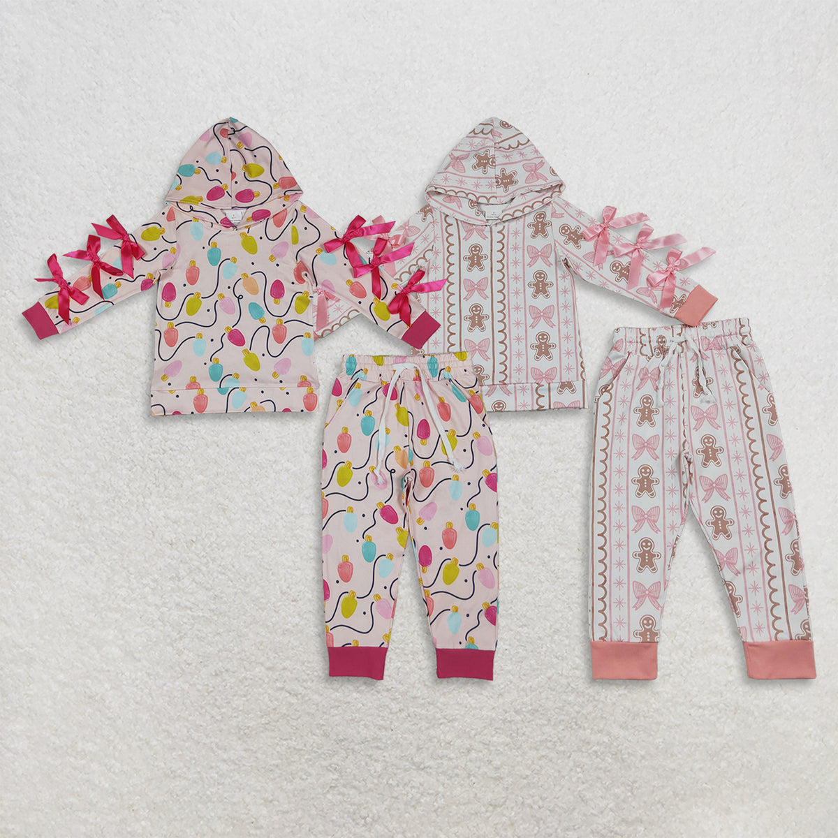 RTS NO MOQ Sibling milk silk Baby Girls Christmas Print Santa Gingerbread Bow Long Sleeve Pant Set