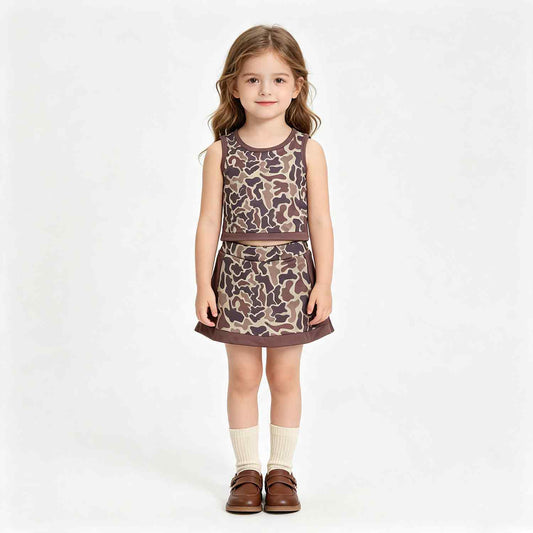 RTS No moq yoga fabric GSD4231 Baby Girls Southern Brown Camo Vest Skirt Short Yoga Active Clothes Set