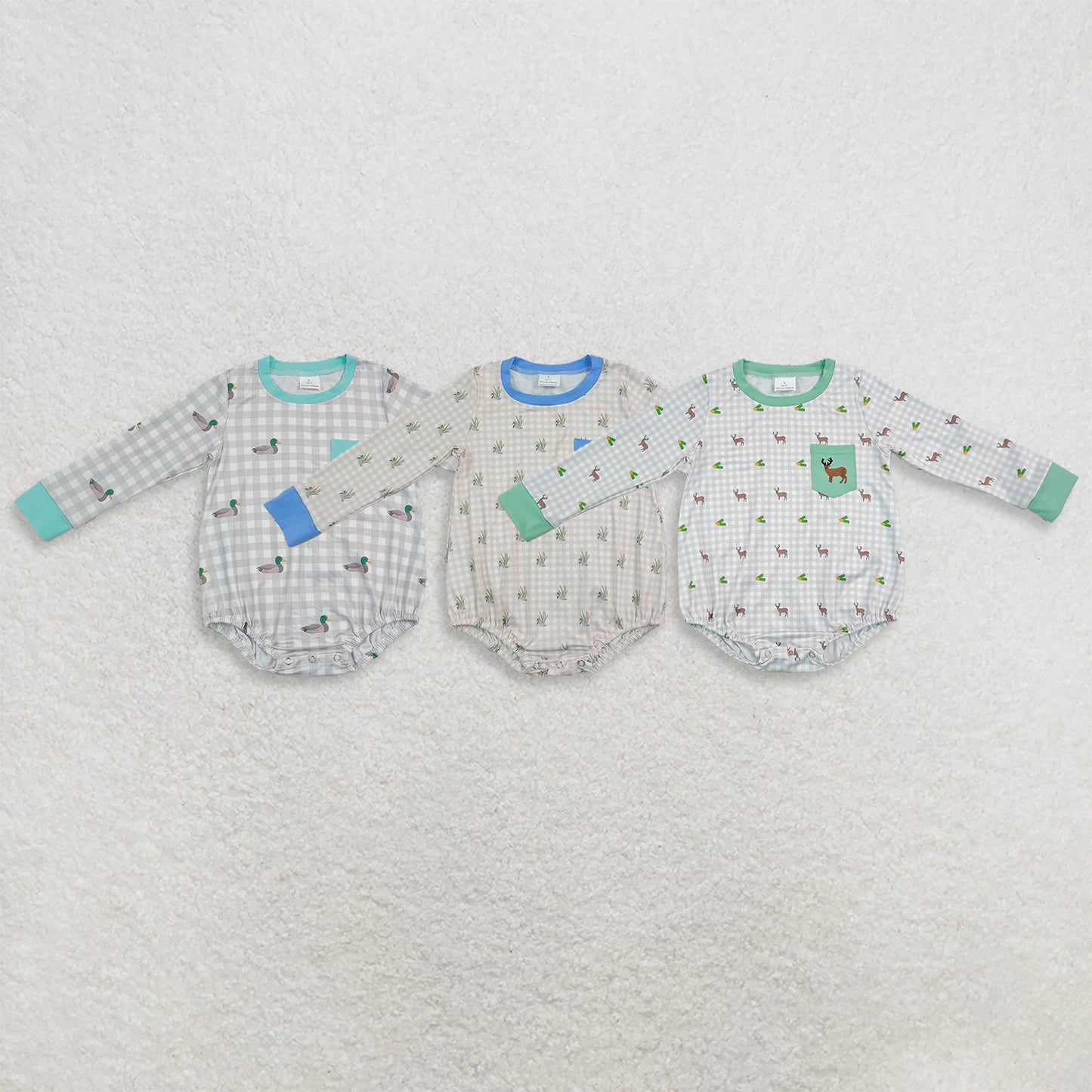 RTS NO MOQ Sibling milk silk Duck Pocket Baby Boys Long Sleeve Checked Hunting Rompers