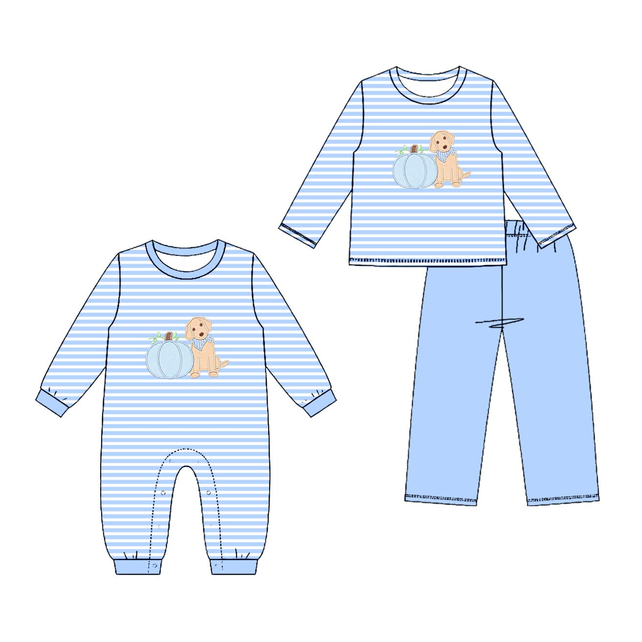 (Preorder new) No moq Embroidery Pumpkins Dogs Baby Boys Blue Stripe Top Pants Clothes Sets Rompers