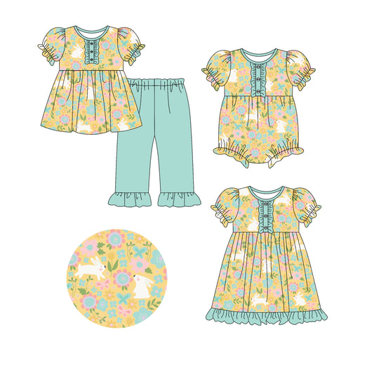 25.10.4 custom each style moq 8 eta 6-8week Sibling Sisters bunny floral baby girl short sleeve pants sets and dress and rompers match family design