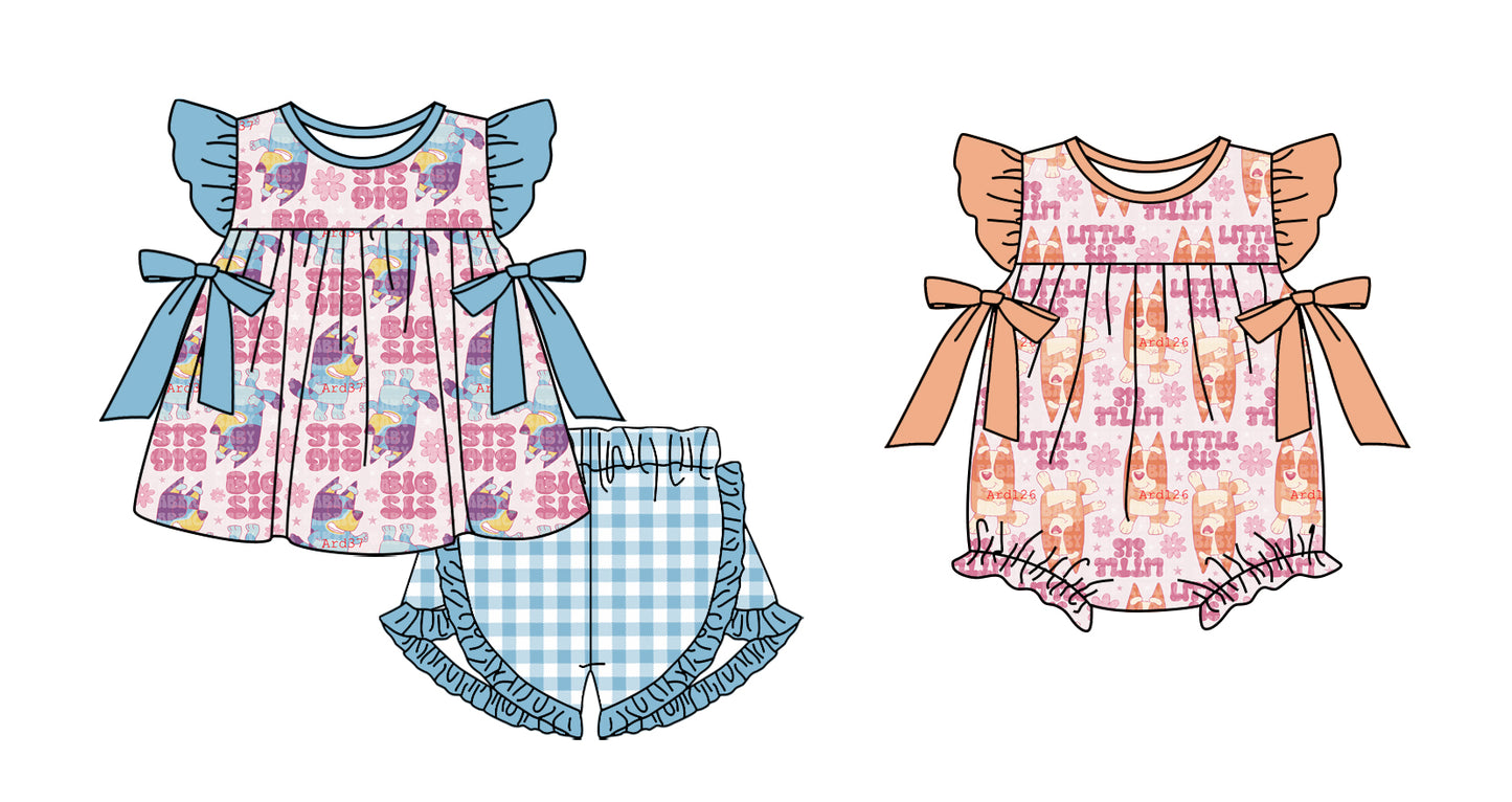 11.9 custom each style moq 5eta 4-6week Sibling Sister LITTLE SIS baby girl short sleeve shorts sets and rompers match design