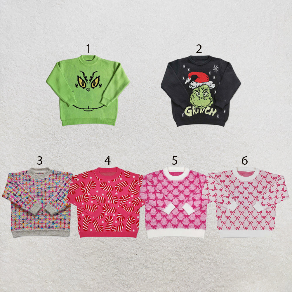RTS NO MOQ Sibling Sweater Baby Toddler Christmas Print Crew Neck Knit Sweater Winter Holiday Pullover Top