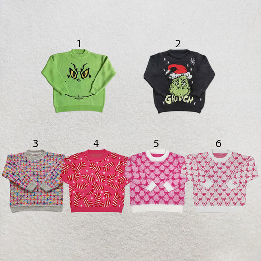 RTS NO MOQ Sibling Sweater Baby Toddler Christmas Print Crew Neck Knit Sweater Winter Holiday Pullover Top