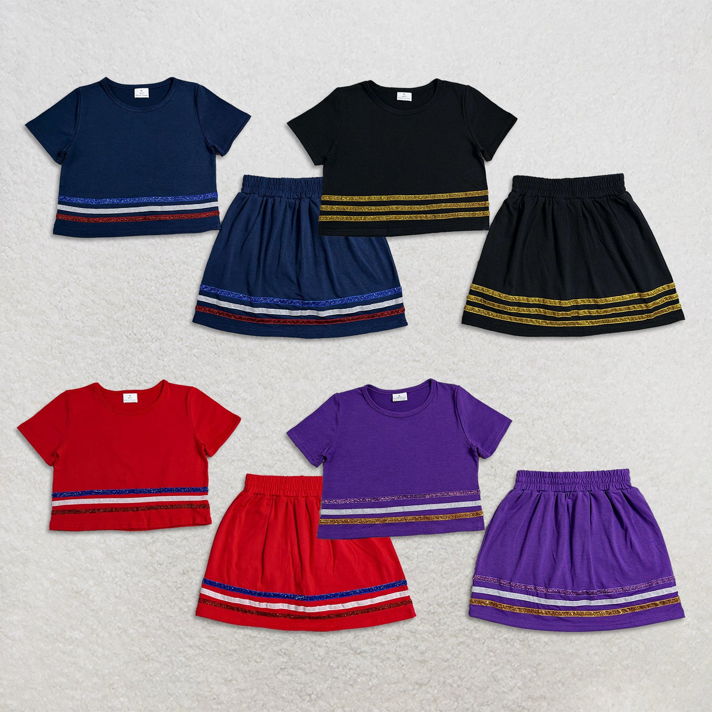 RTS NO MOQ Sibling cotton Baby Girls Solid Color Summer Black Gold Stripe Short Sleeve Top Skort Two Piece Outfits Daily Wear