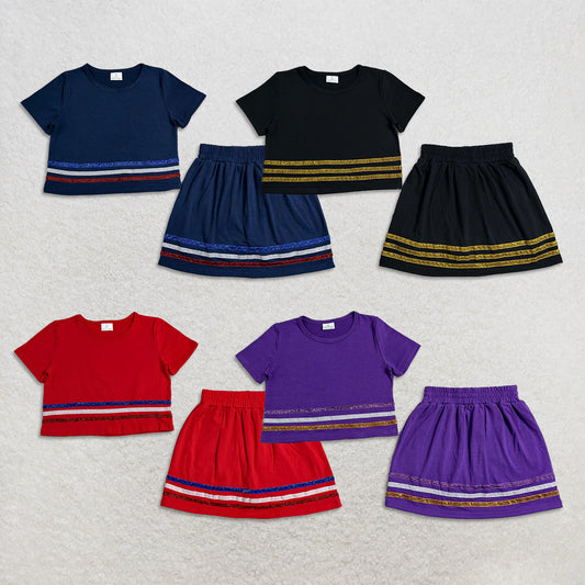 RTS NO MOQ Sibling cotton Baby Girls Solid Color Summer Black Gold Stripe Short Sleeve Top Skort Two Piece Outfits Daily Wear