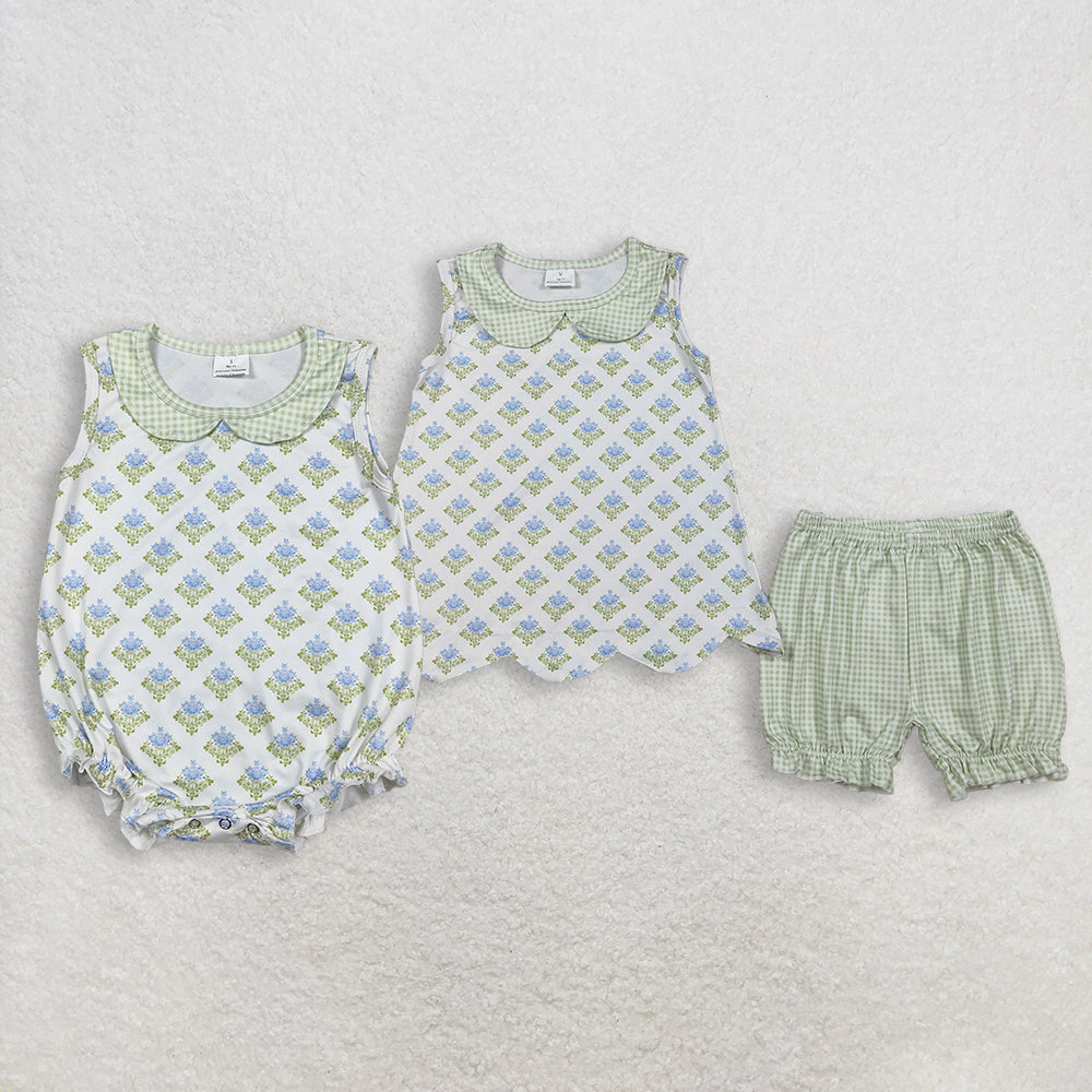 RTS NO MOQ Sibling Baby Girls Plaid Collar Tunic And Ruffle Shorts Outfit Set Floral Print Rompers