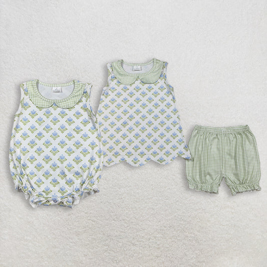 RTS NO MOQ Sibling Baby Girls Plaid Collar Tunic And Ruffle Shorts Outfit Set Floral Print Rompers